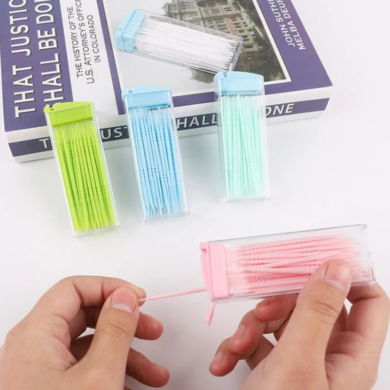 50Pcs/set Toothpick With Box, Portable Double Head Oral Care Dental Floss Stick Tooth Picks Cleaning Toothpick Holders Container