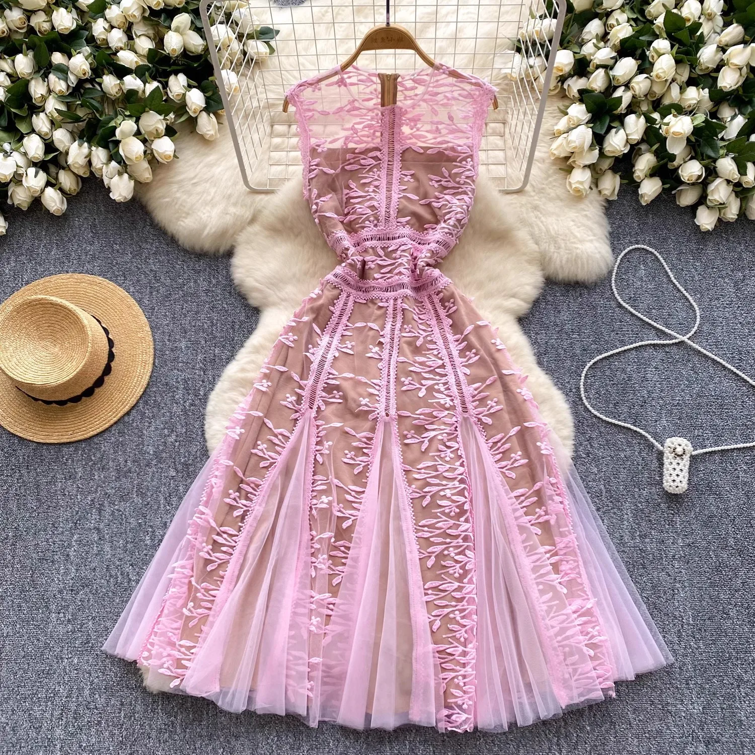 

Женское летнее платье без рукавов, однотонное Сетчатое кружевное платье с вышивкой и круглым вырезом, праздничное платье с высокой талией