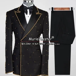 Double Breasted Suits Men Gold Pearls Lapel Blazer Luxury Groom Wear Wedding Tuxedo Tailored 2 Pieces Jacket Pants Prom Dress