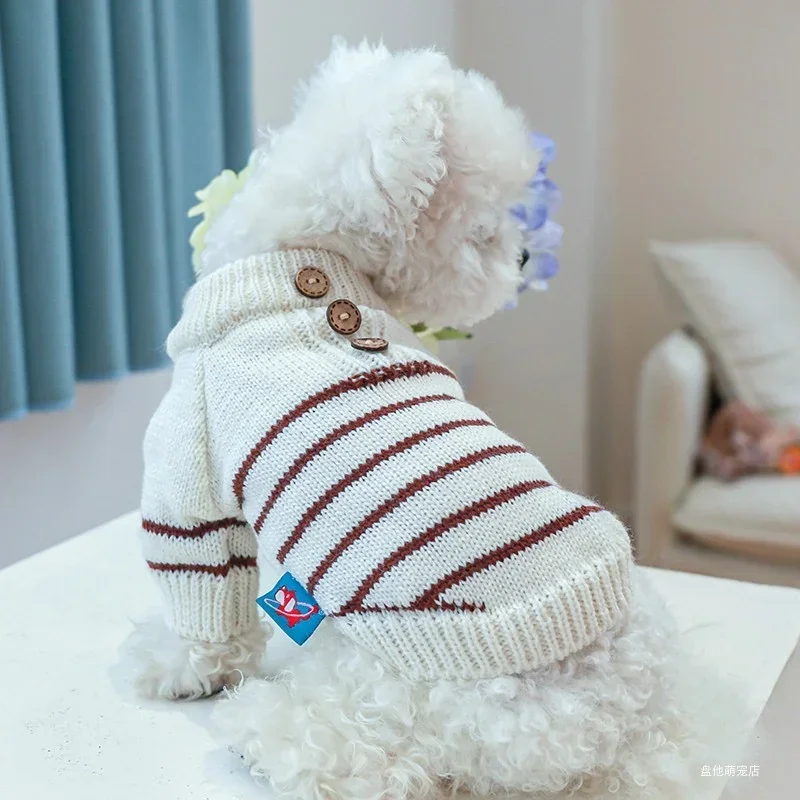 1PC Pet Clothing Cat Autumn and Winter Thickened Beige Stripe Pullover Elastic Knitted Sweater Suitable for Small and Medium Dog