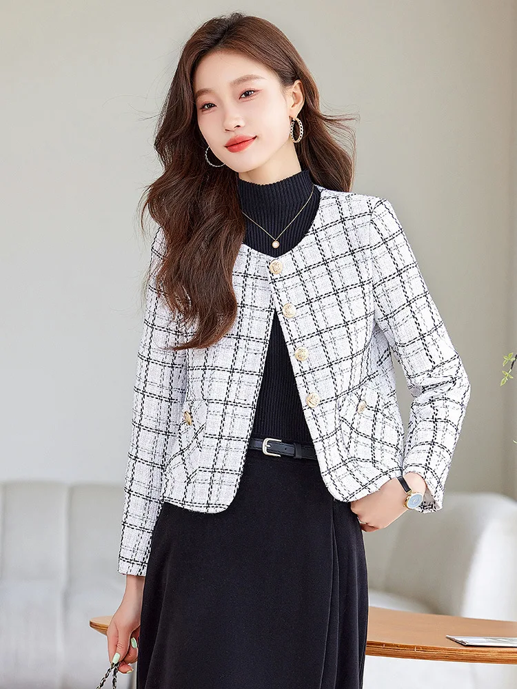 Summer Autumn Small Fragrant Wind Jacket Women Fashion Retro Thousand Bird Grid Loose Thin Round Neck Temperament Coat