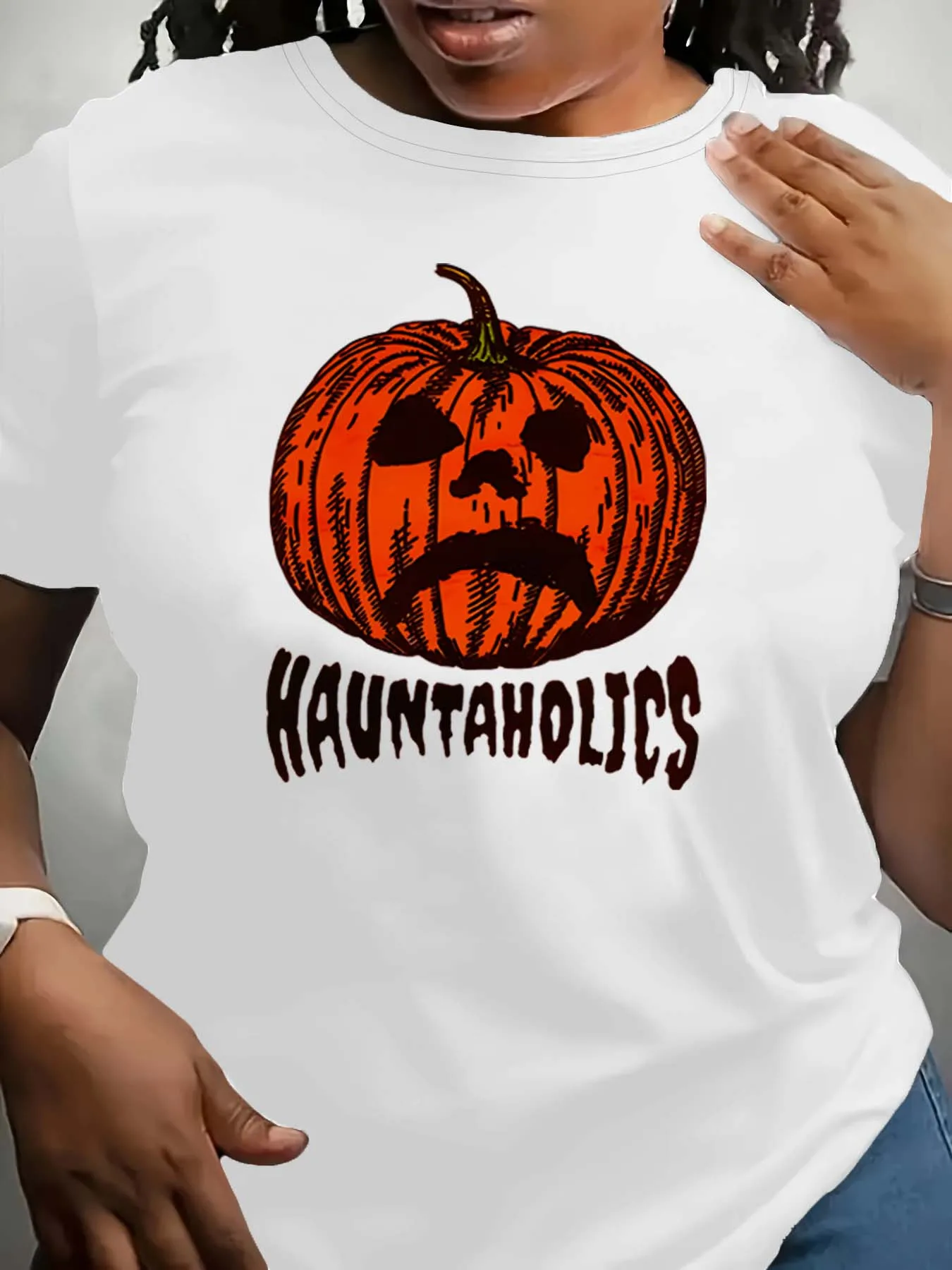 Traje de moda com rosto de abóbora com tema Hauntaholics plus size