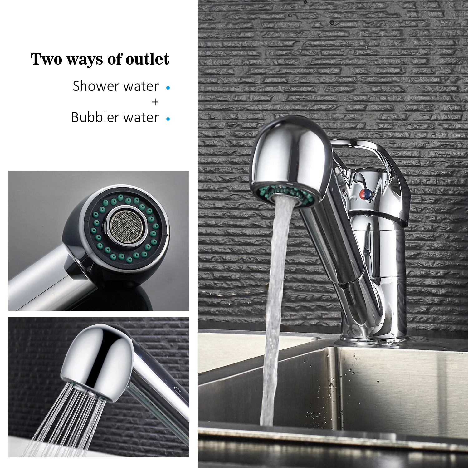Verchromter Küchenarmatur, ausziehbarer Mischbatterie, 360° ° Schwenkbarer Wasserhahn aus Messing, Einhebelmischer für Warm- und Kaltwasser, 2 Sprühmodi – Detail 1
