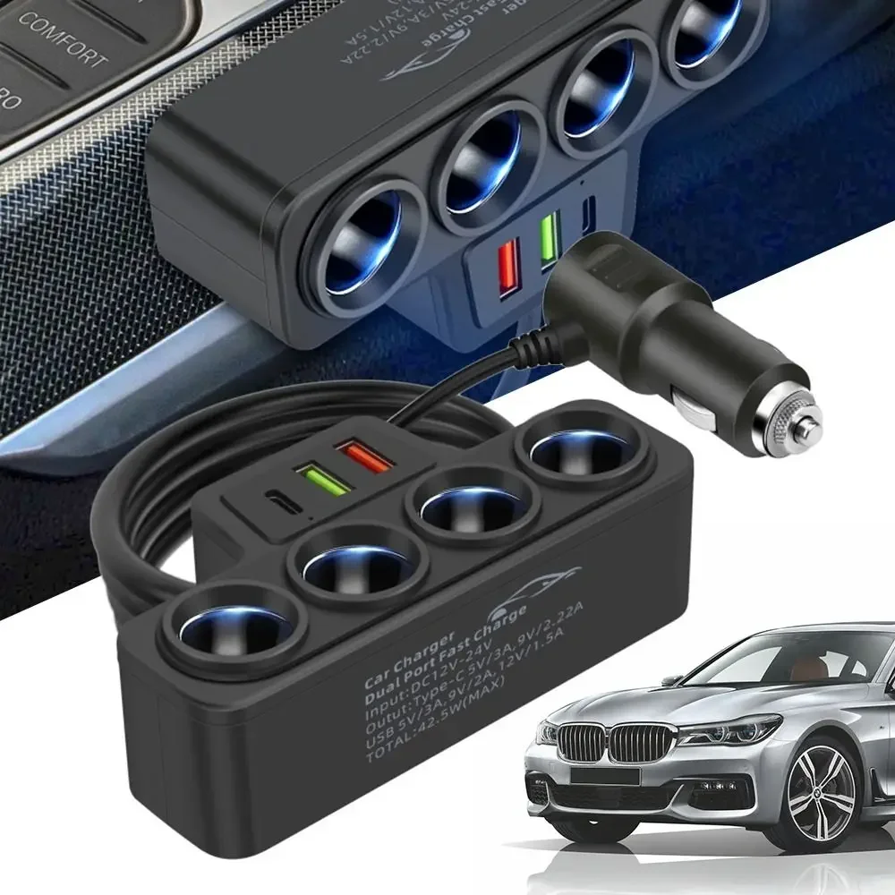 12V/24V Car Cigarette Lighter Adapter 4-Socket 120W 4 Way Cigarette Lighter Adapter Port USB Port Socket Splitte Car