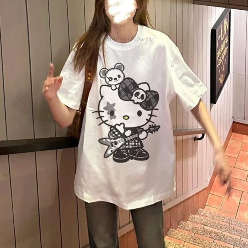 American Rock Punk Hello Kitty Print Tops 100% Cotton Short Sleeved T-shirt Women\'s Loose Trendy Cartoon Hip-hop Top Clothes