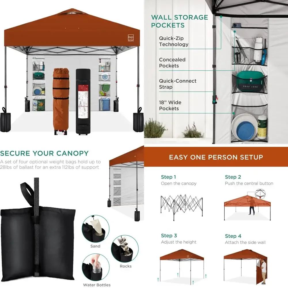 

Portable 10x10ft Pop Up Canopy with Side Wall, 10 Pockets, Carrying Case, 1-Button Setup, 4 Weight Bags - Easy Setup Outdoor She