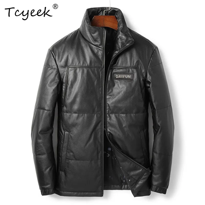 

Tcyeek Top Layer Cowskin Autumn Winter High End Trendy White Duck Down Stand Collar Black Men's Genuine Leather Jacket 가죽자켓