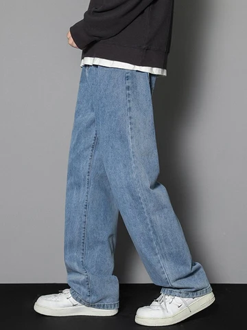 Novas Calças Jeans Masculinas Casuais Coreanas 2026 - Clássicas, Retas, de Perna Larga, Cores Sólidas: Azul Claro, Cinza, Preto