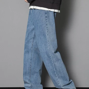 2023 New Korean Men's Casual Long Jeans Classic Man Straight Denim Wide-leg Pants Solid Color Light Blue Grey Black 3XL