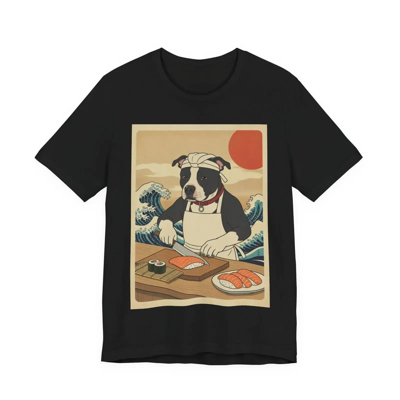 Pit Bull Sushi-Koch-T-Shirt, japanische Ukiyo-e-Hundekunst, Vintage-Look, gewaschen, Herrenmode, Oberteil für den Alltag, grafisches, stilvolles, lässiges Design.