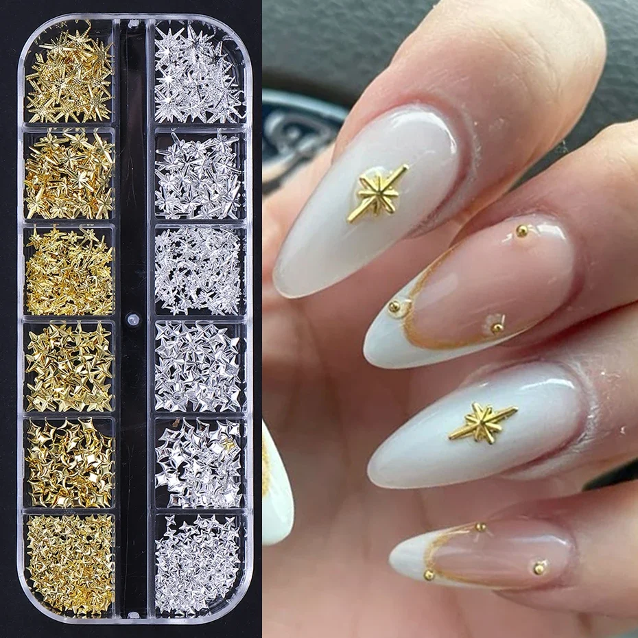

12 сеток, золотые, серебряные звезды, подвеска для ногтей, 3D металлические заклепки, звезда, украшение для дизайна ногтей, Y2K, аксессуары для маникюра в стиле панк, принадлежности для ногтей