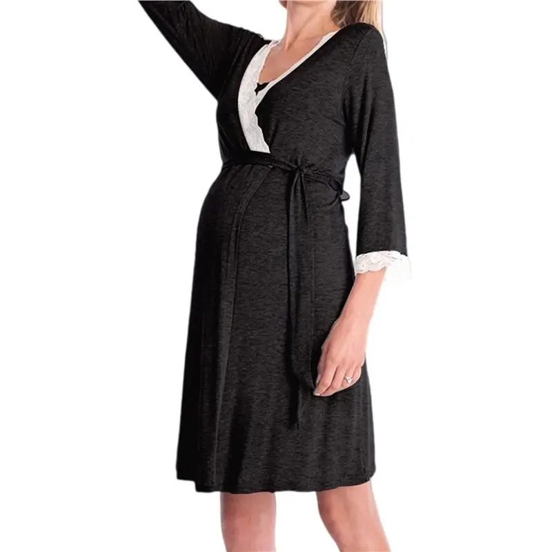 ABTJ-Women's Maternity Robe Pregnancy Breastfeeding Bathrobes Labor Delivery Nightgowns Black S