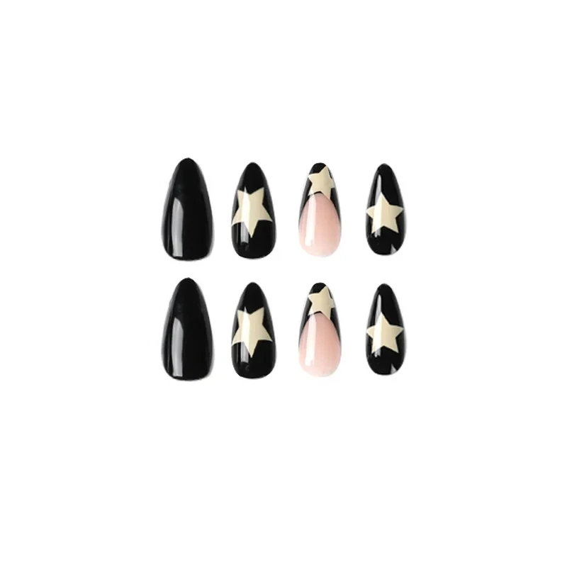24 uñas postizas largas francesas con borde negro y estrellas, incluye 1 gel jelly y 1 lima 4