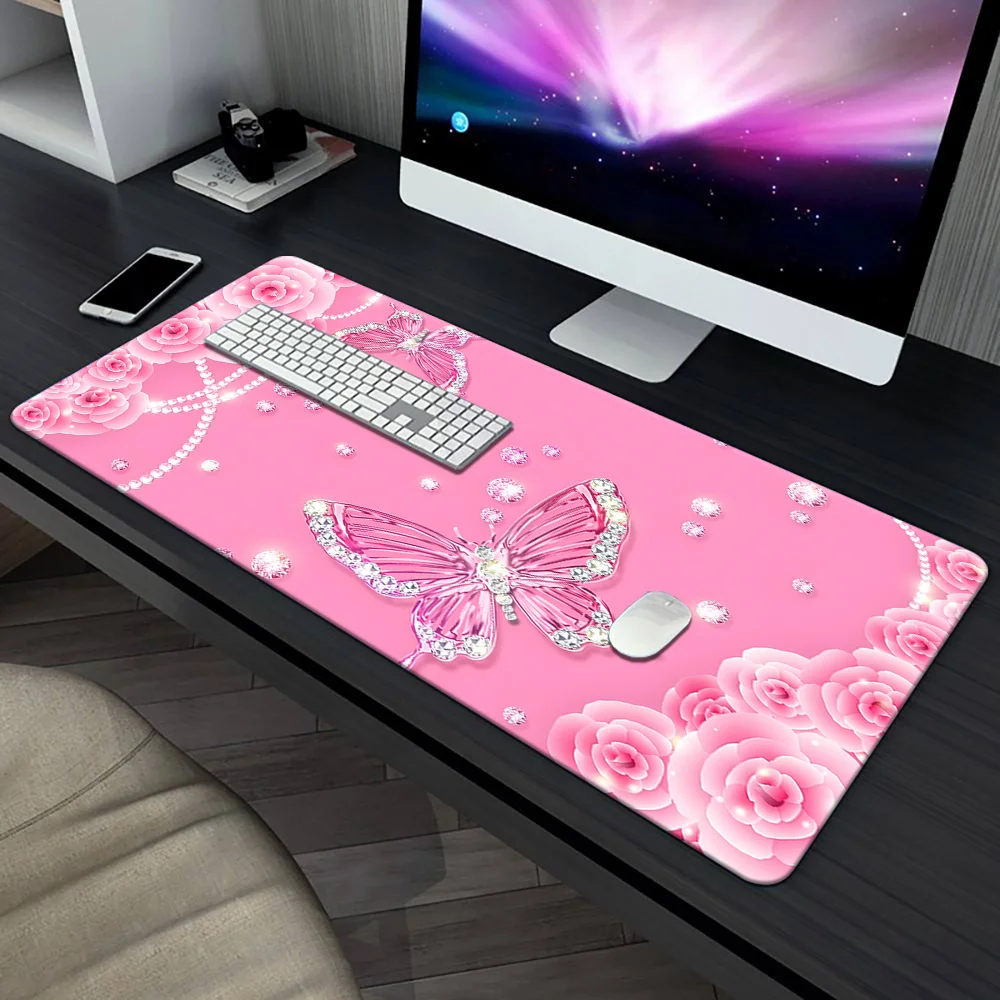 1pc Pink Rose Romantic Diamond Butterfly Gaming Mouse Pad, HD Printed Pad for Desk, Multi Functional XXL Mousepad, Keyboard Gami