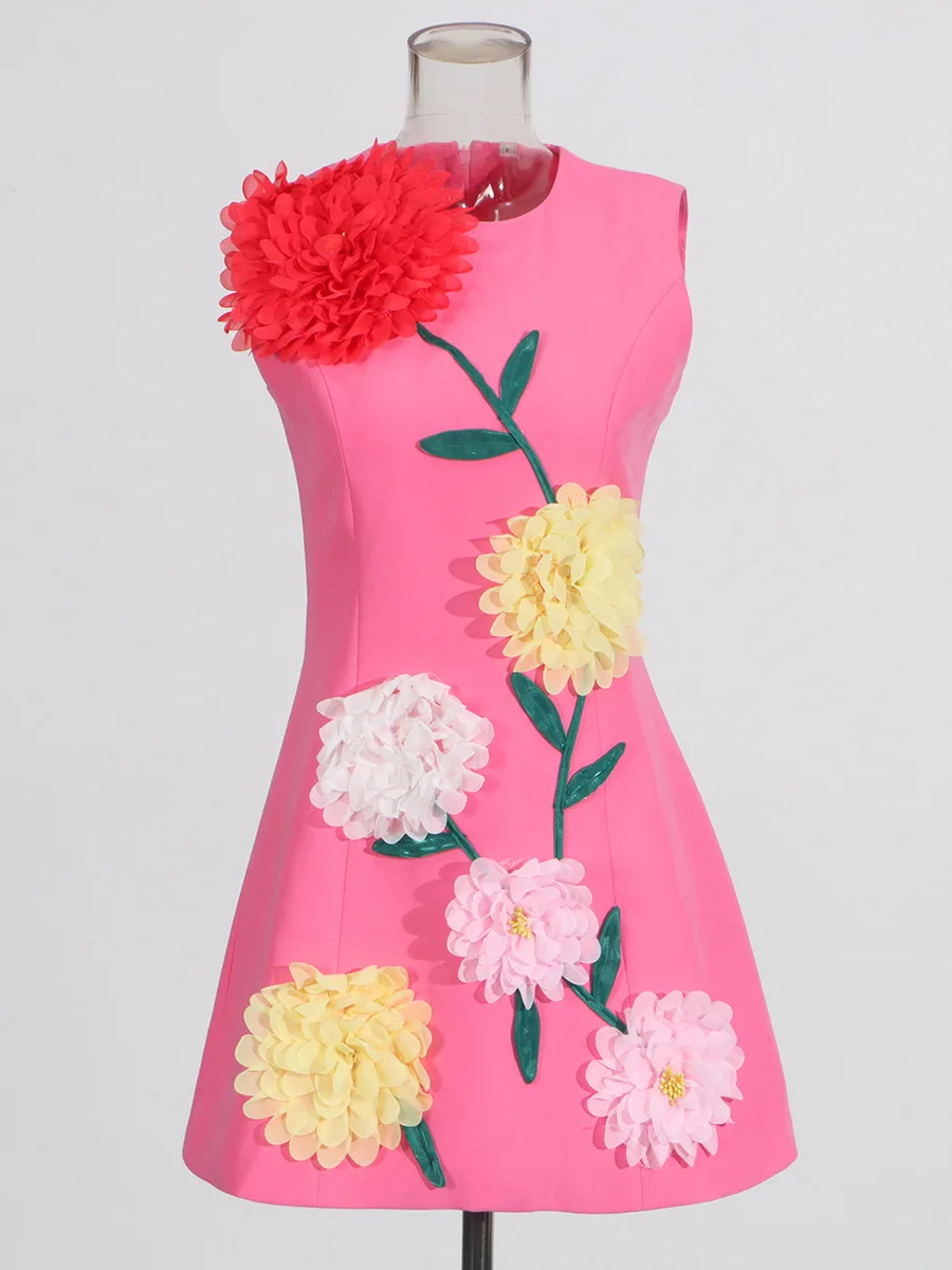 مصمم تنورة قصيرة 2025 صيف جديد وصول 3d Stereoflower جولة الرقبة أكمام عالية الخصر تانك حزب حفلة موسيقية اللباس