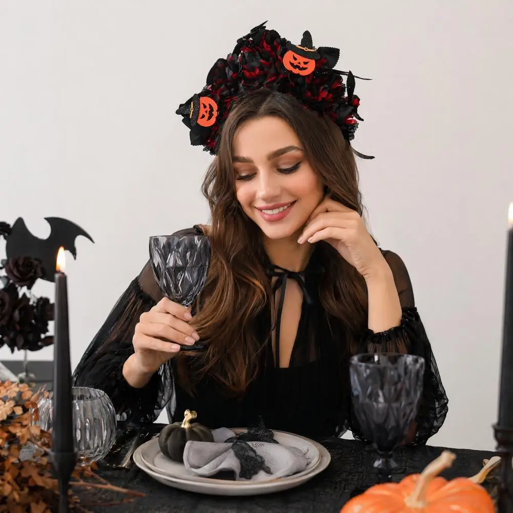 Halloween Floral Headband, Handmade 3D Floral Shape Widened Fit Hair Hoop with Witch Decoration Witch-themed Hair Accessory