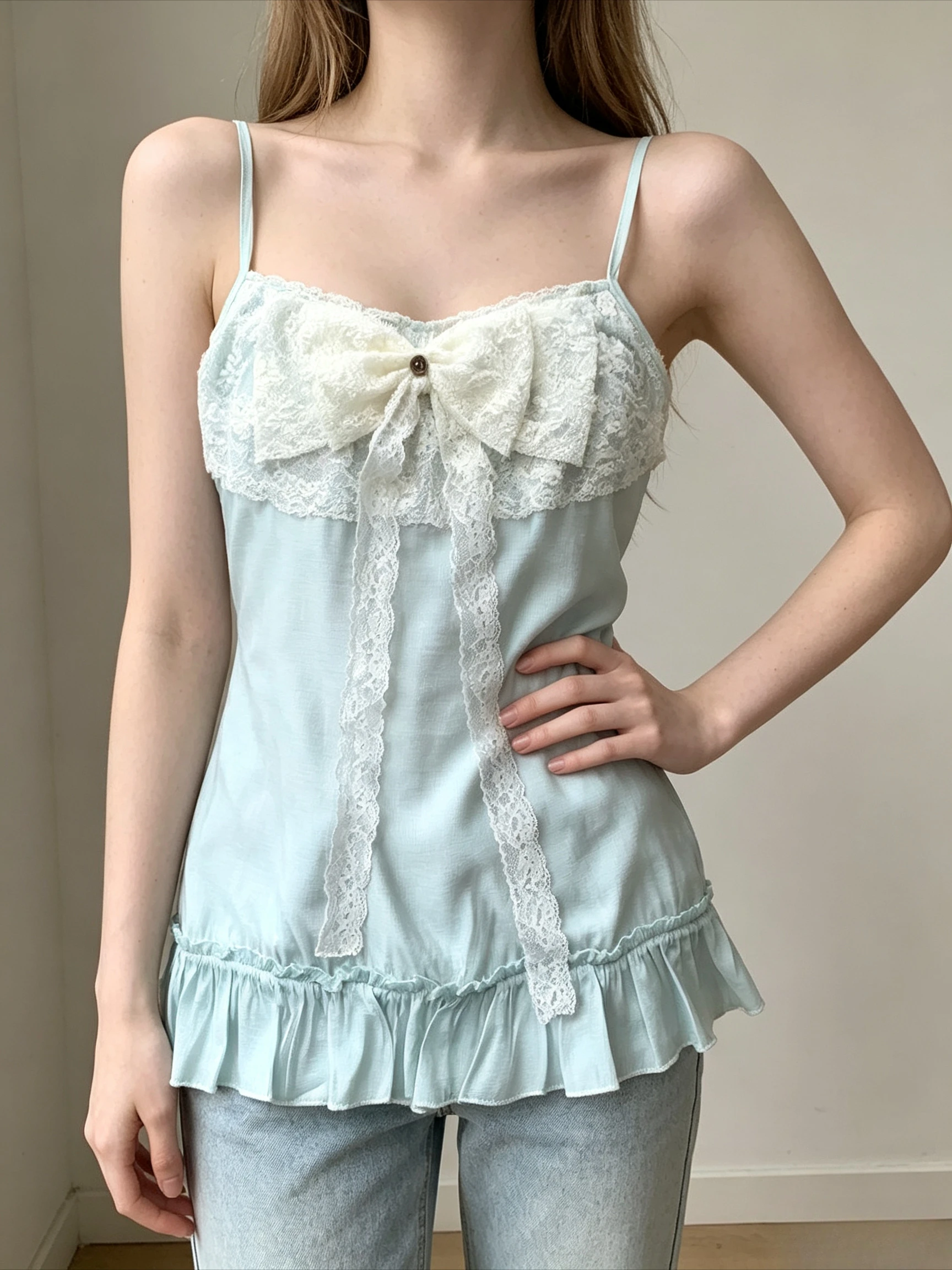 Big Lace Bow Decor Cami Top Lace Ribbon Frill Accent Ruffle Hem Adjustable Spaghetti Strap Loose Fit Sweet Style Daily Tank Top