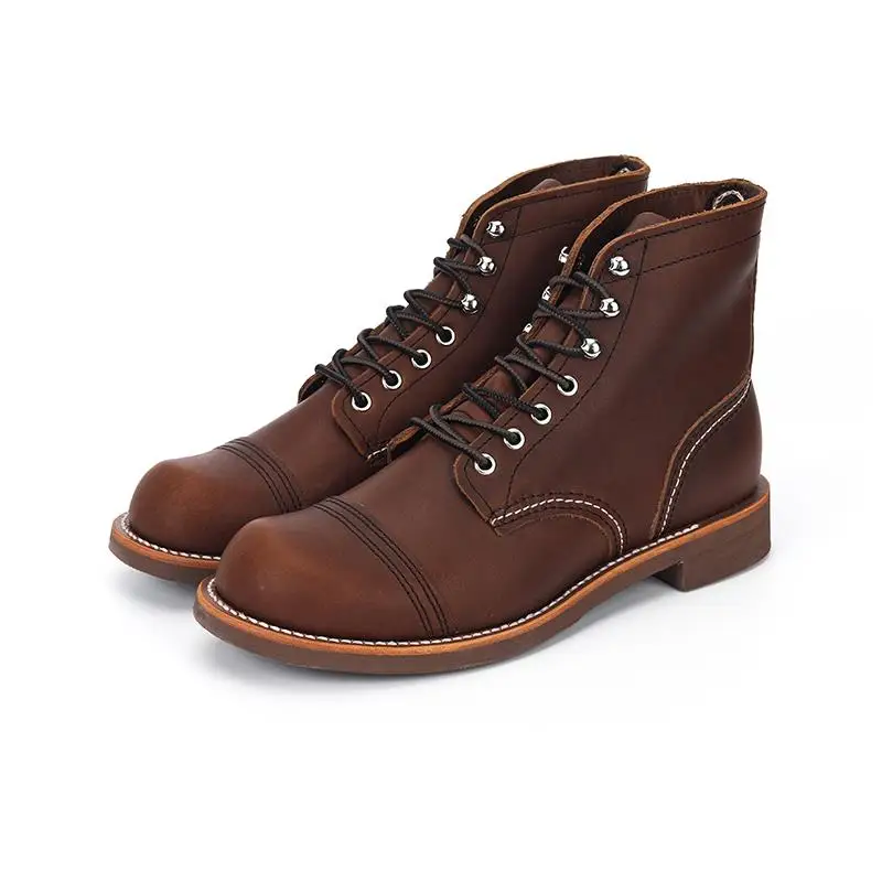 

round Head Work Shoes Mid-Top Locomotive Genuine Leather Retro American Paratrooper Boots