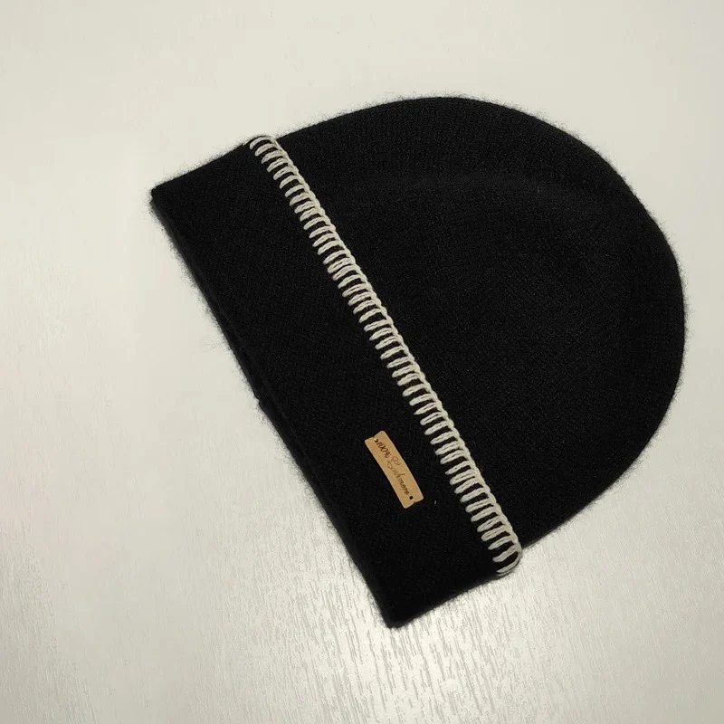 Contrast Stitch Cashmere Beanie Men Women Black White Bonnet Hat Knitted