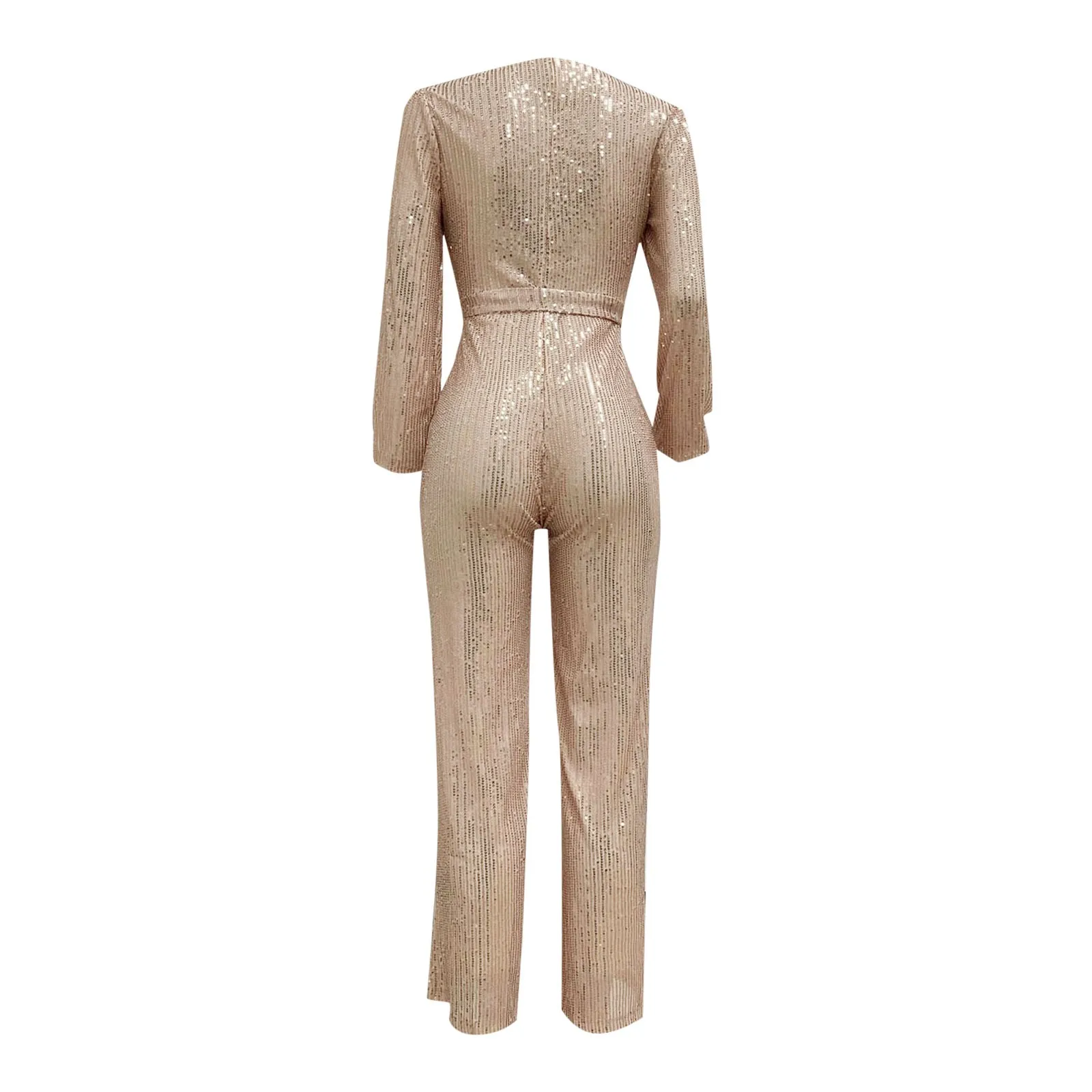 Gold Sequins Women Jumpsuit Casual Long Sleeve V Neck Jumpsuit With Belt Straight Evening Party Wear Female Jumpsuit Overalls