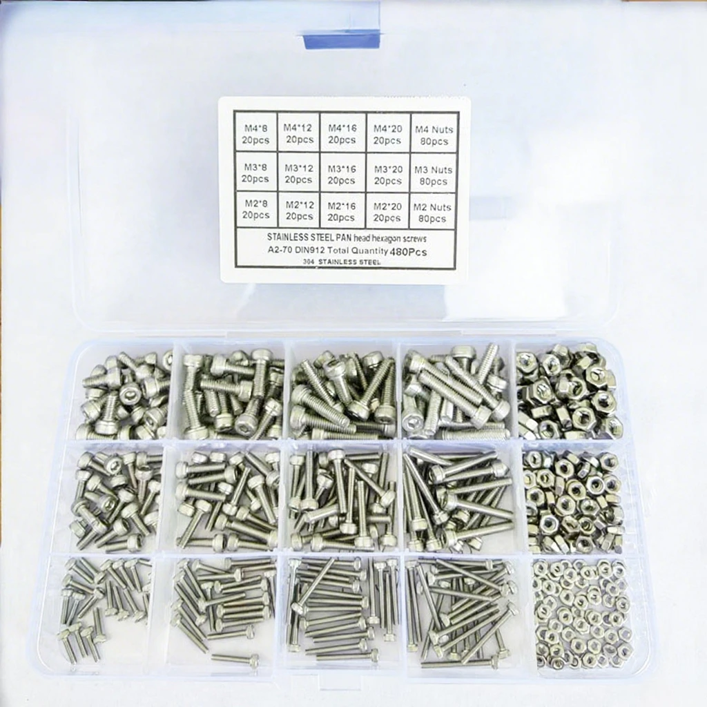 

Набор из 480 шт. винтов и гаек из нержавеющей стали M2-M4 с цилиндрической головкой и шестигранной прорезью, DIN912