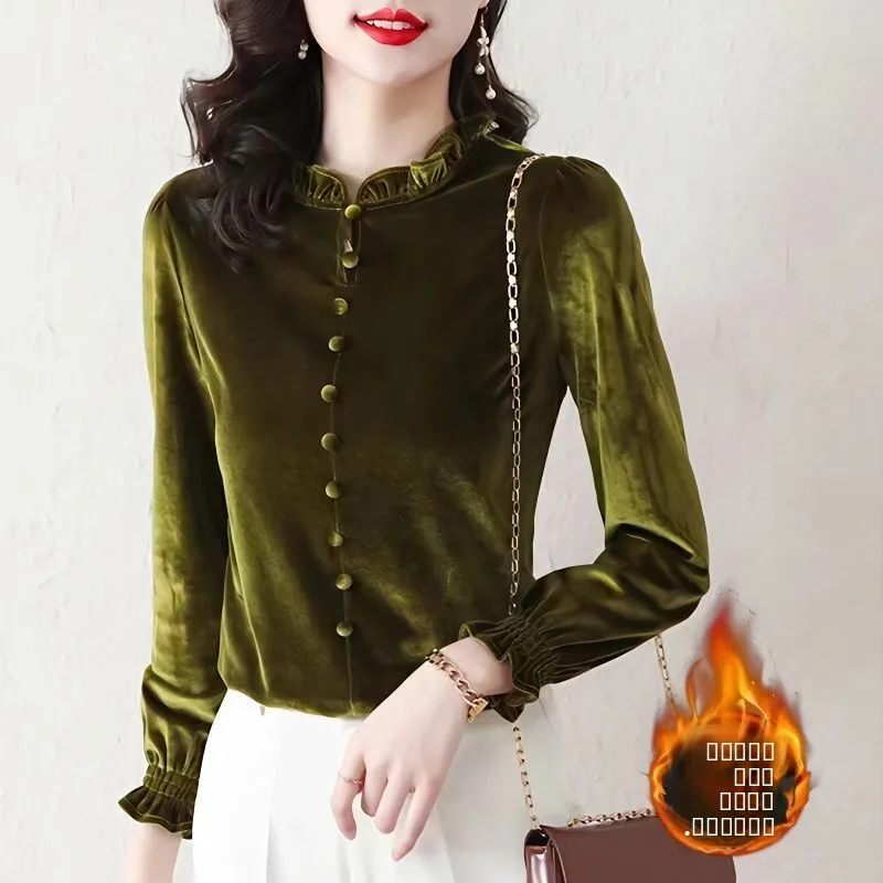 

Thickened Fleece Warmth Velvet Women's Base Shirt Autumn Winter New Fashion Age Reduction Lace Inner Wear Top Korean Style St...
