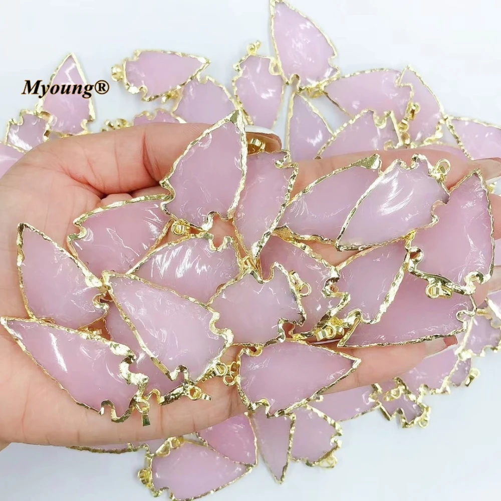 

10PCS Wholesale Handcrafted Arrowhead Shape Pink Opal Glass Necklace Pendant MY231018