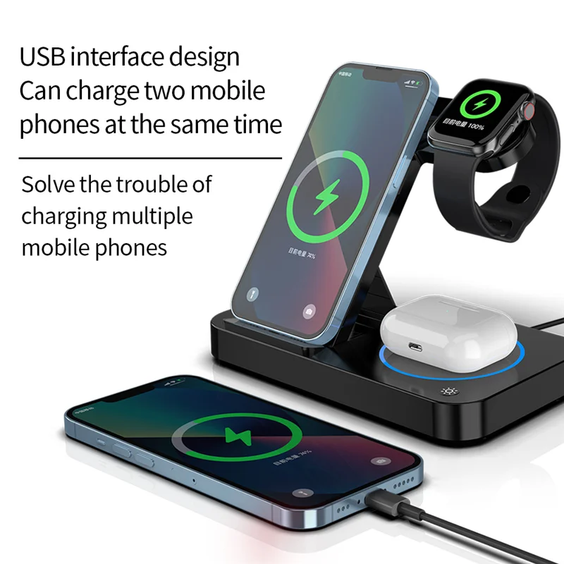 4 in 1 Wireless Charger Stand Pad For iPhone 14 13 X Samsung Apple Watch  Airpods iWatch Foldable  Fast Charging Dock Station
