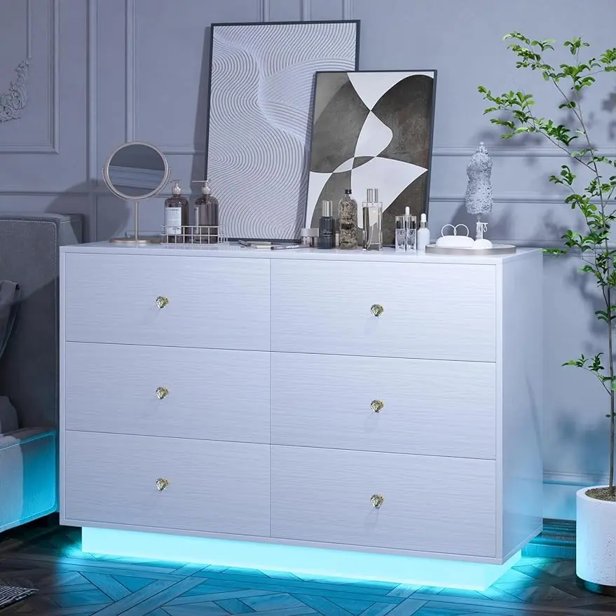 

6 Drawer Dresser LED, Chest of Drawers for Bedroom with LED Lights, Floating Modern 6 Drawer Dresser with Diamond Handle