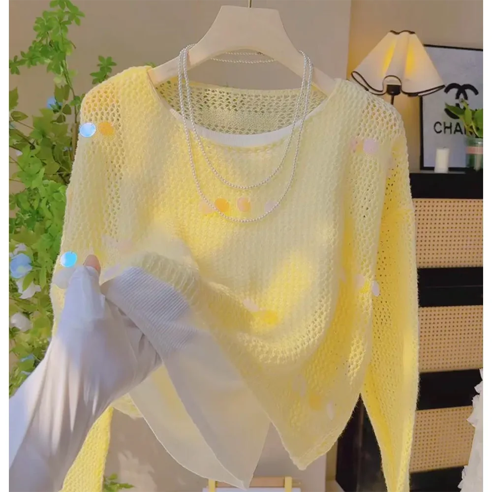 Casual Loose Hollow Out Knit Pullover for Women Spring Summer Round Neck Long Sleeve Sparkle Sequin Short Tops Thin Knitwear