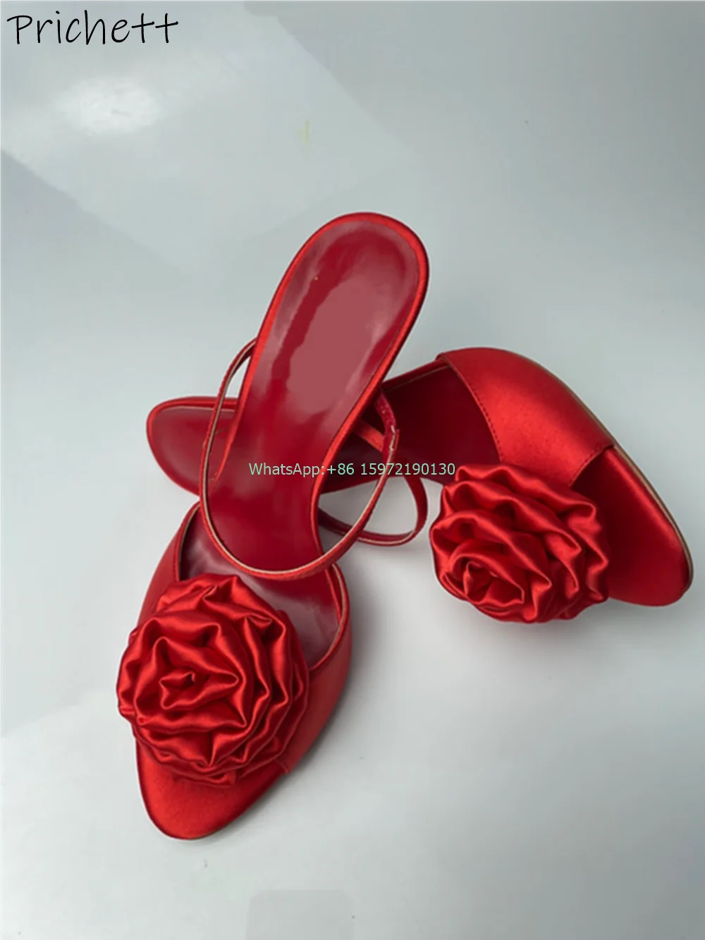 Satin Rose Two Way Wear Sandals Peep Toe Thin Heels Solid Slip On Outdoor Slippers Women's Luxury Red Pleated Flower Shoes