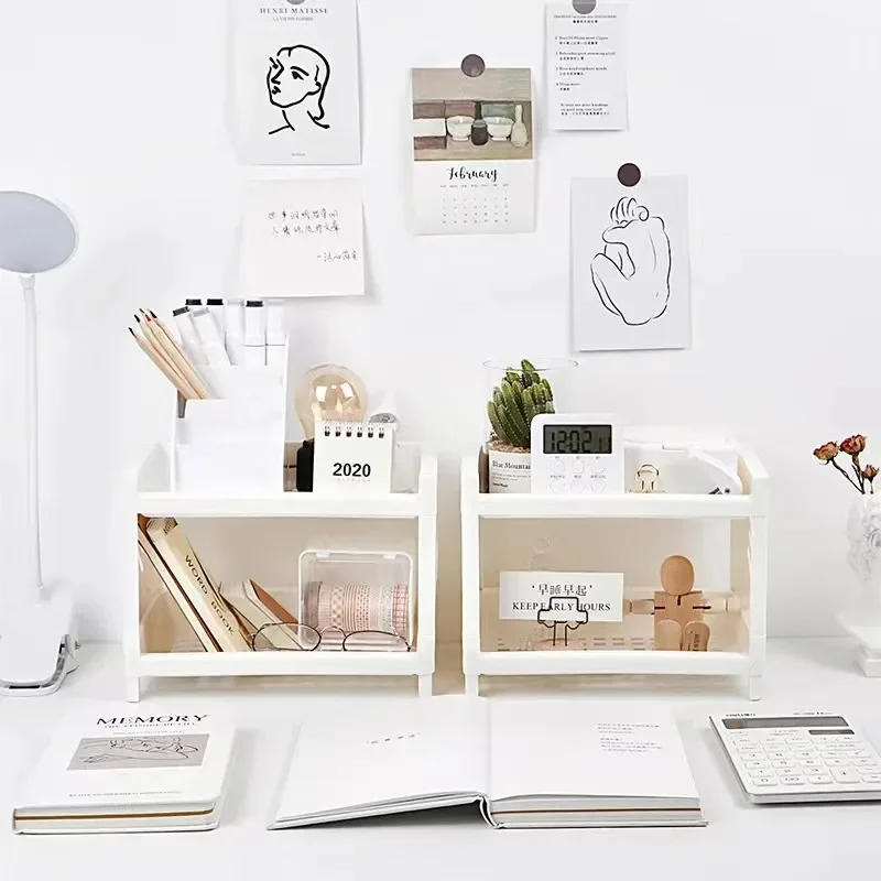 

1/2pcs Desktop Double-layer Plastic Storage Rack, Office Stationery And Cosmetics Storage Box, Kitchen And Bathroom Storage Rack