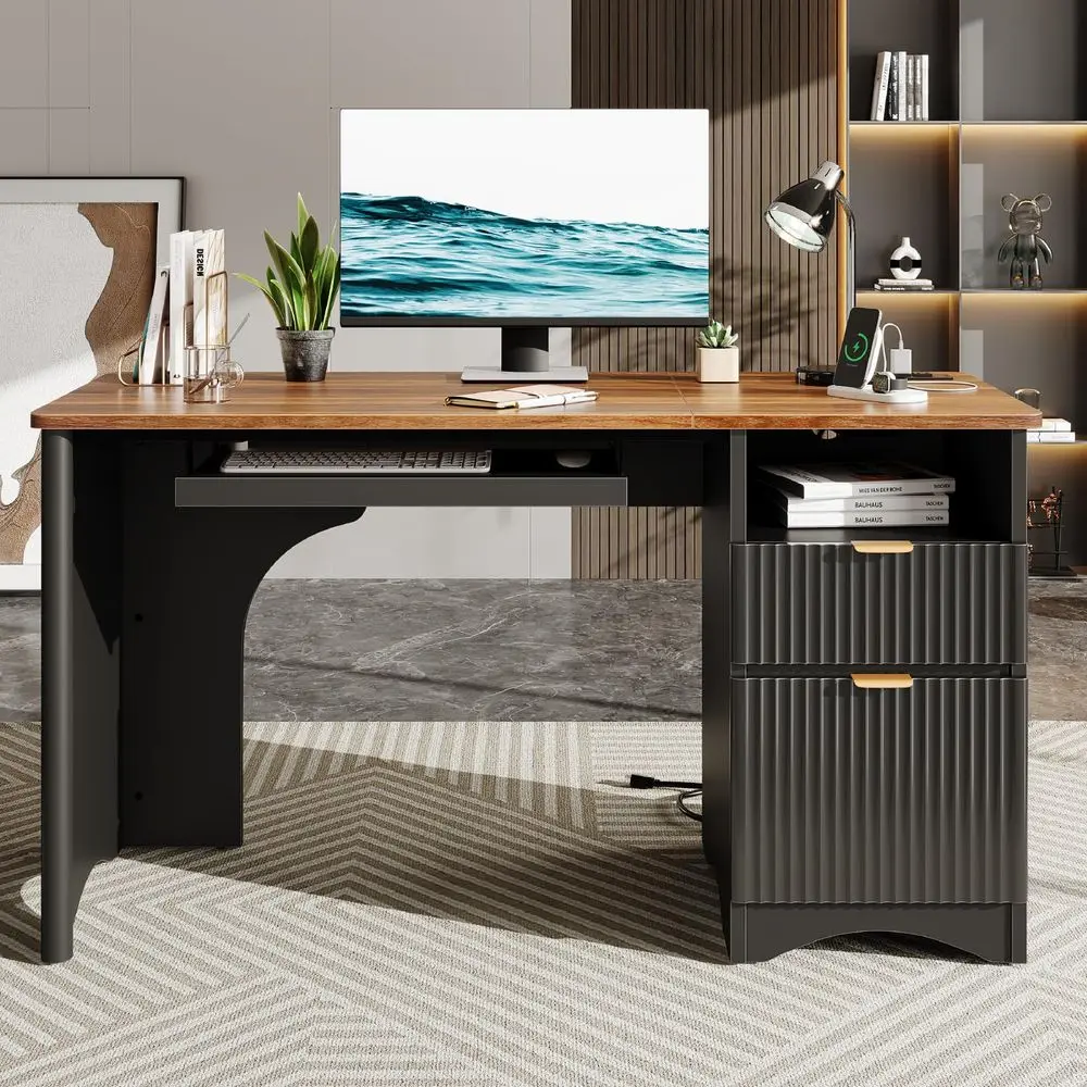 

Computer Desk with Keyboard Tray, 55 inch Office Desk with Power Outlet, Modern Home Office Desk with File Drawer Walnut with B