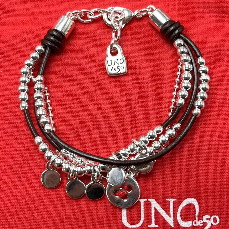 UNOde50-pulsera de cuero con cuentas para mujer, joyería romántica, bolso de regalo, exquisita cuerda europea y americana de alta calidad, novedad de 2023