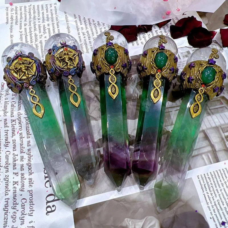 Natural Healing Gemstone Wand Crafts Unique Rainbow Fluorite Point Clear Quartz Crystal Sphere Pagan Wiccan Stick Magick Sceptre