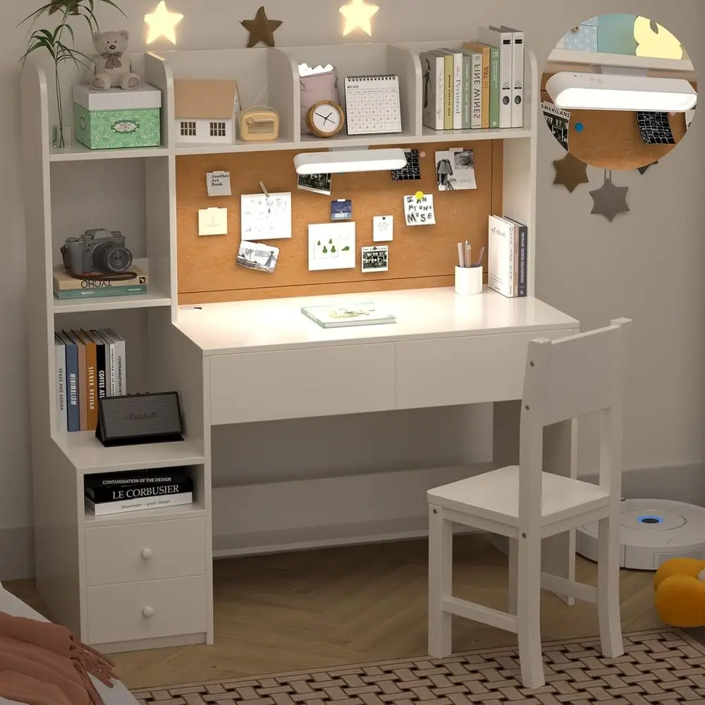 

Белый деревянный детский учебный стол и стул с подсветкой, ящиками, шкафом для хранения и открытыми полками, подходит для девочек или мальчиков