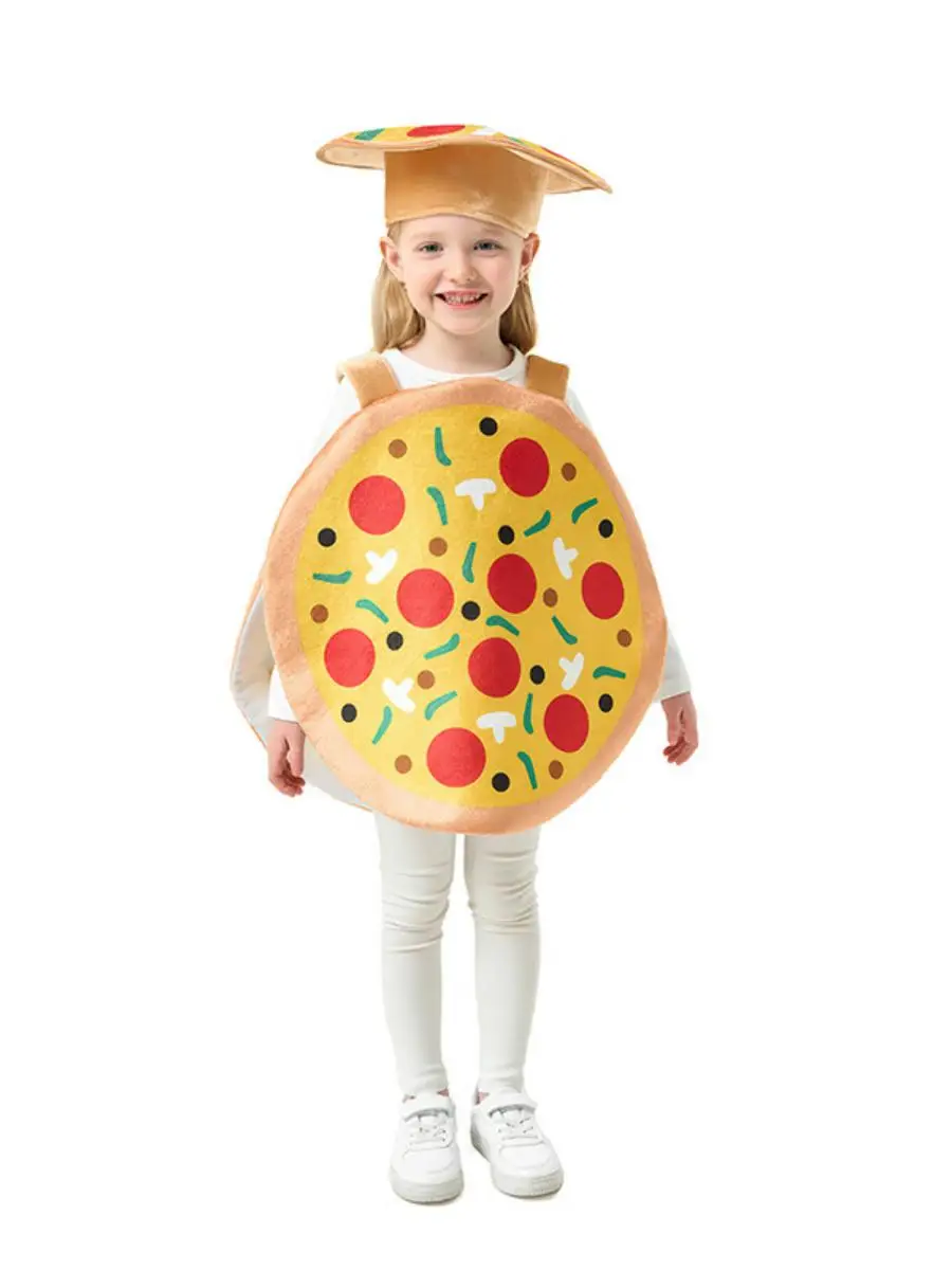 

Детский костюм пиццы на Хэллоуин 2025 года, жилет, шляпа, сценический наряд, материал из полиэстера, традиционный этнический сценический костюм