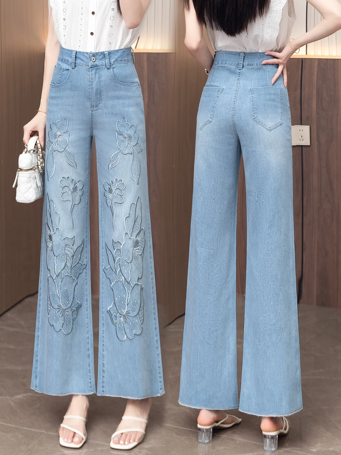 Embroidered Slim Wide Leg Jeans High Waist Summer Thin New Style Small Size Women's Straight Cut Slim Nine Point Jeans