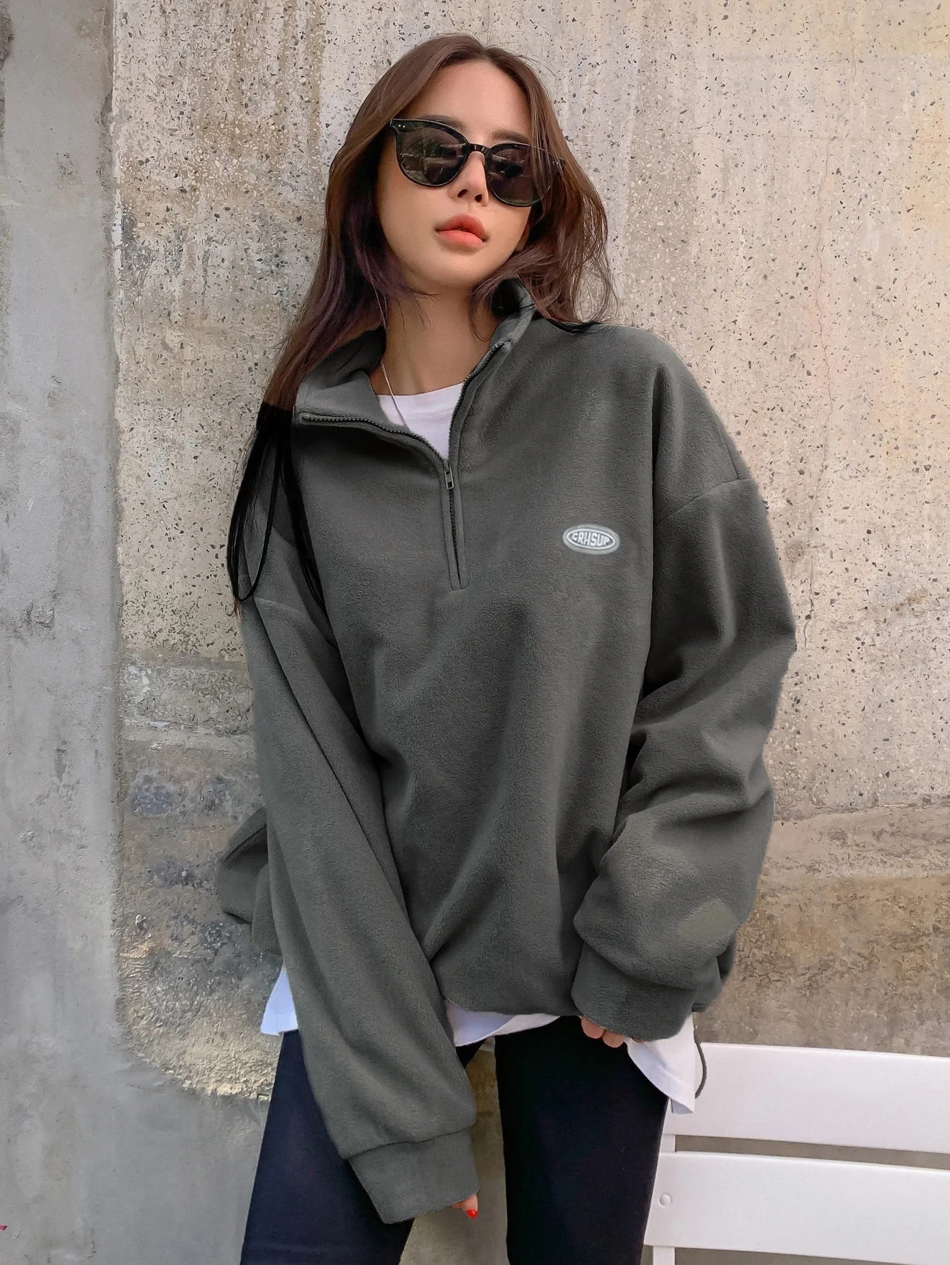 Sudadera Holgada de Felpa para Mujer con Media Cremallera, Hombros Caídos, Estilo Casual para Otoño