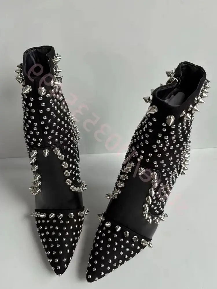 

Black Metal Rivet Women's Short Boots 2025 Autumn New Pointed Sexy Catwalk Stilettos Fashion Party Zipper Casual Boots