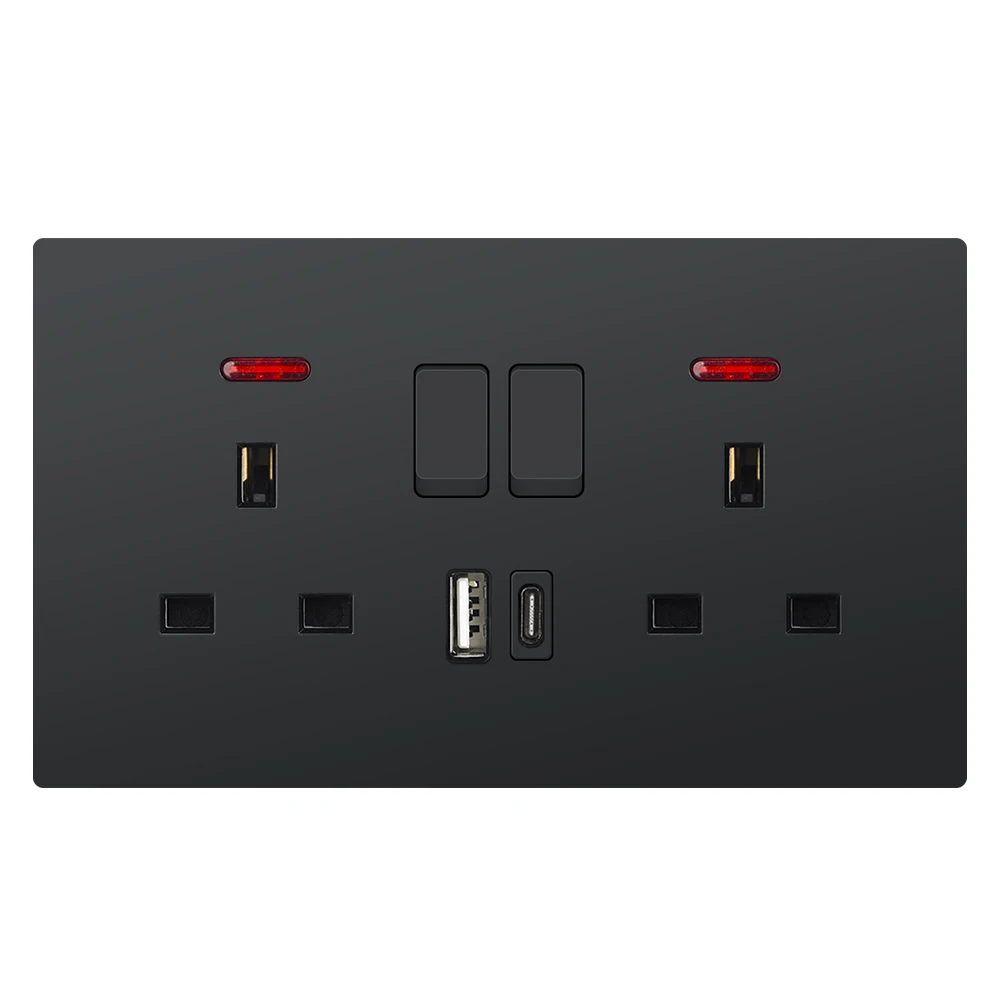 Presa Standard UK con USB Type-C 5V 2.1A, pannello in plastica da 146*86mm, doppie prese elettriche con interruttori spina Usb UK