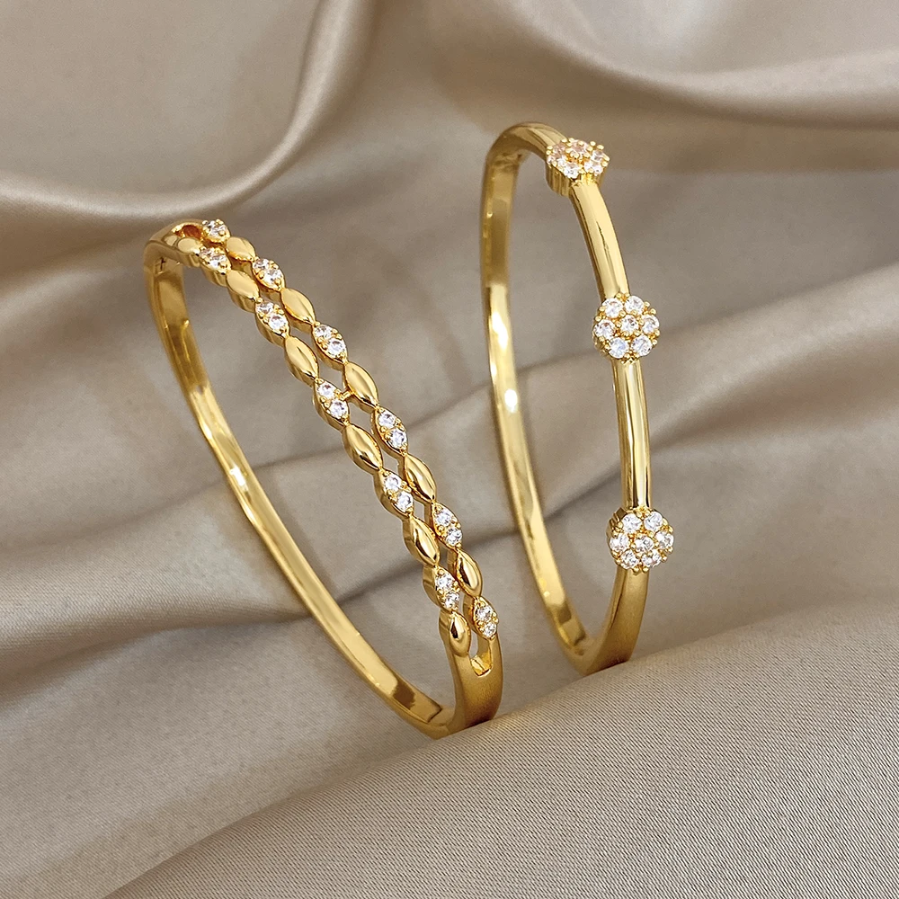 Greatera Modisches Doppelketten-Armband aus Kupfer mit Goldüberzug und Kleinen Strass-Verzierungen, Elegantes Luxus-Armreif für Damen