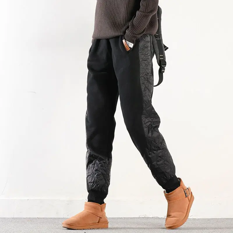 

Зимние модные женские брюки в стиле пэчворк, флисовые шаровары, однотонные, с эластичной резинкой на талии, универсальные хлопковые корейские теплые брюки большого размера