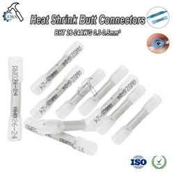 25/50/100PCS White Heat Shrink Butt Terminals Insulated Electrical Wire Connectors 26-24 AWG Cable Crimping Terminals Connector
