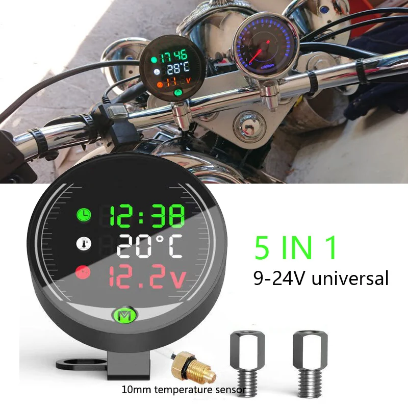 5 en 1 Compteur de TempéRature de L'Eau de Moto VoltmèTre de Temps Rechargeable USB Compteur de Vision Nocturne LED avec Capteur