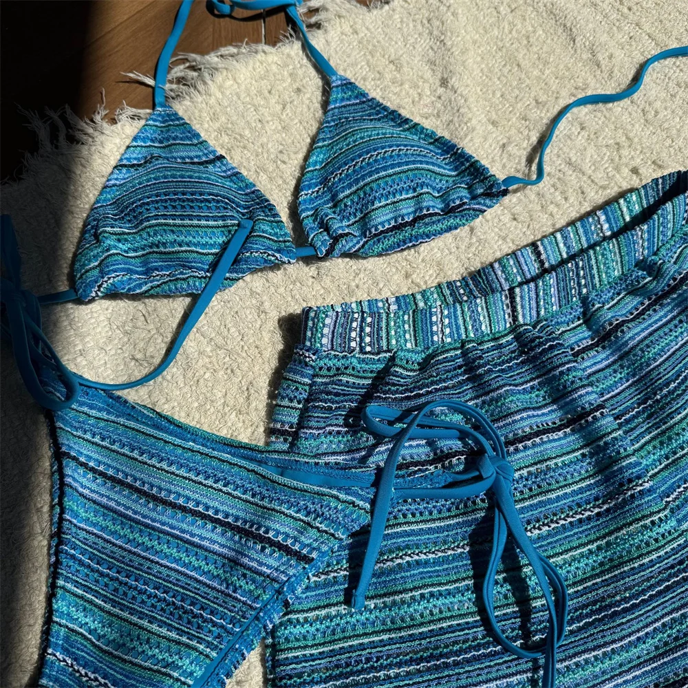 Pantaloncini bikini a righe vintage Set costume da bagno senza schienale Costumi da bagno micro stringhe Push Up Y2K Set bikini Costume da bagno beachwear da donna