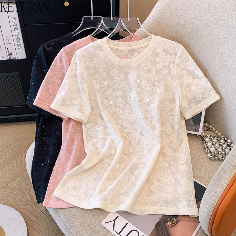 2024 Summer Lace Floral Jacquard Short Sleeve T-shirt Women Korean Fashion Vintage Clothes O-Neck Pullover Hot Drill Tees Tops