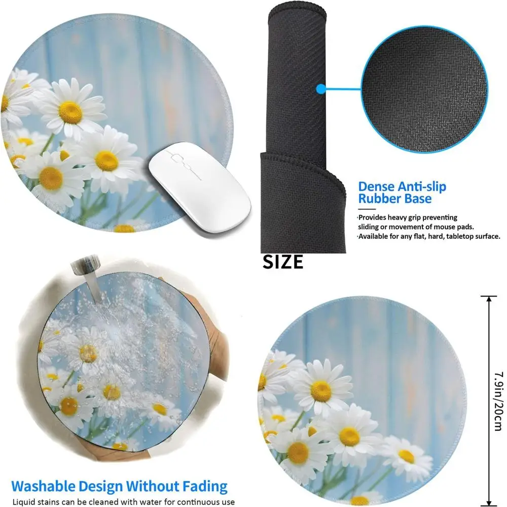 

Elegant Spring Daisy 8-Inch Round Gaming Mouse Pad with Stitched Edges and Non-Slip Rubber Base, Waterproof and Comfortable