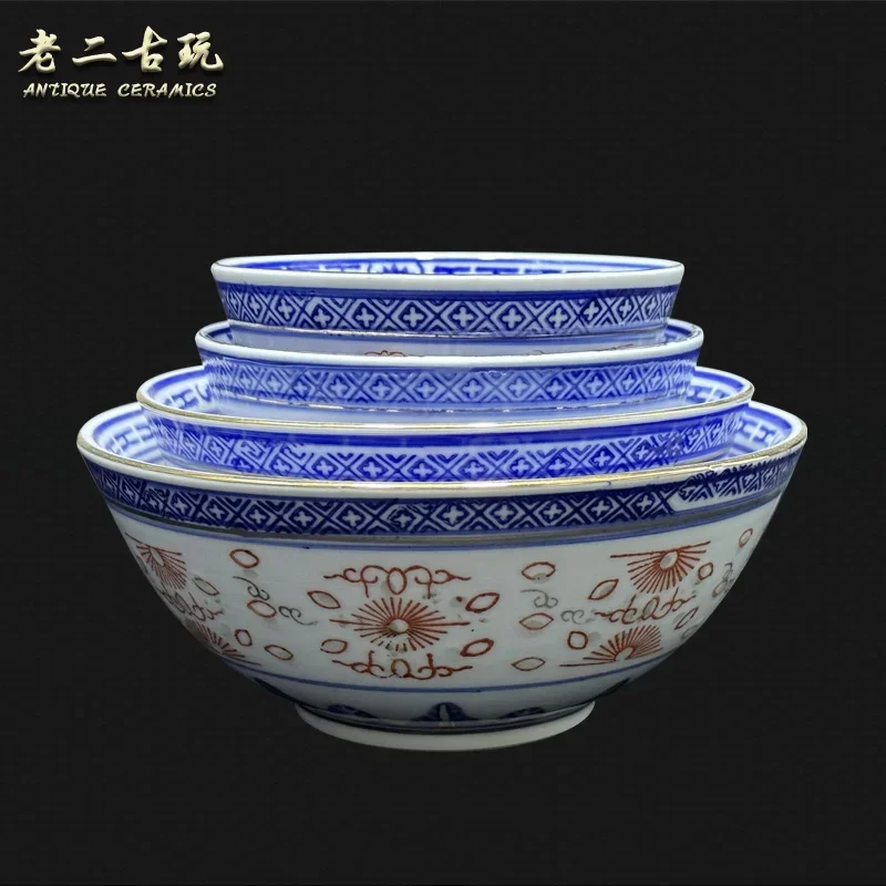

Jingdezhen 1980s Ceramic Bowl Set - Traditional Blue-White Dragon & Swallow Motif - Soup/Rice Porcelain Bowls with Collector