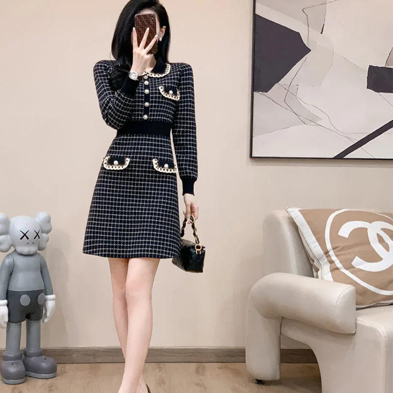 

Women Clothing Vintage Elegant Turn-down Collar Knitted Dress Autumn Winter New Fashion Plaid Chic Button Elasticity Dress